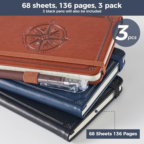 (3 Pack) Small Notebook Journal for Men Women, 3.7" x 5.7", A6 Pocket Notebook with Pen, 100GSM Lined Paper, Hardcover Small Notepad for Work Writing Note Taking, School Supplies - color: 3 Compass, size: A6