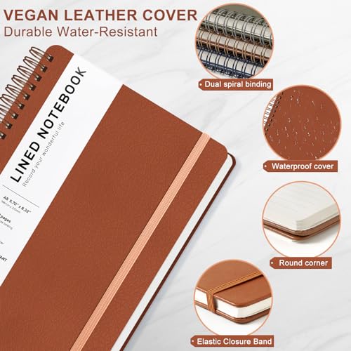 Lined Spiral Journal Notebook, A5 Hardcover Leather Notebook for Work, 5.7''×8.2'', 100GSM Thick Paper Spiral Bound Journaling Notebooks for Women & Men Office School Note Taking Business, Brown - color: Brown, size: A5