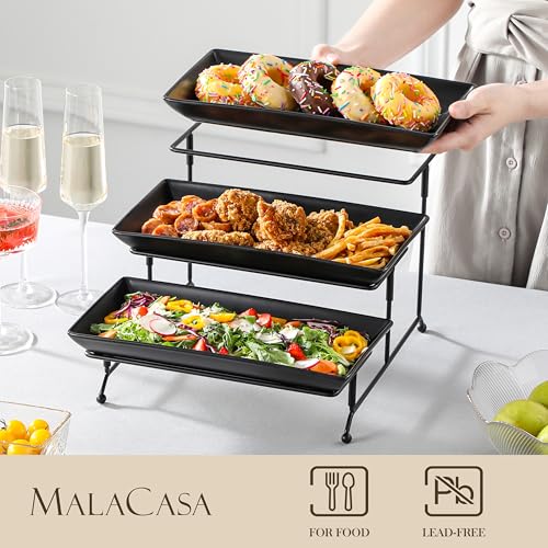 MALACASA 3 Tier Serving Tray, Porcelain Tiered Serving Trays Platters, 12 Inch Serving Stand with Platters,Black Dessert Stand with Collapsible Sturdier Metal Rack,Series PLAT - color: Black, size: 12 Inch