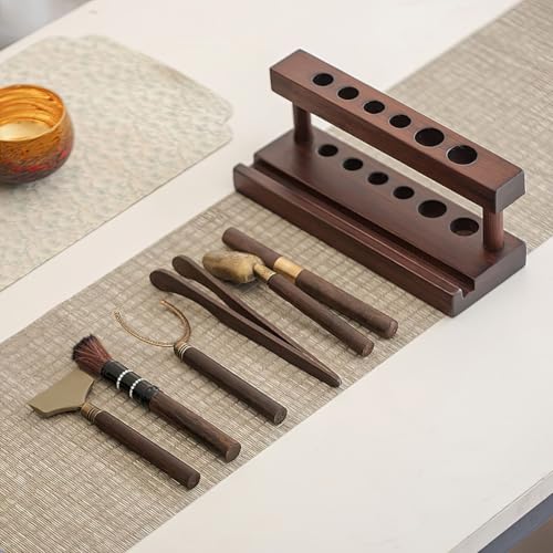 Tea Ceremony Six Gentlemen Set, Chinese Gongfu Tea Making Tools，Multifunctional Tea Ceremony Accessories Combination for Rack Clip Knife Needle Spoon (Walnut color)