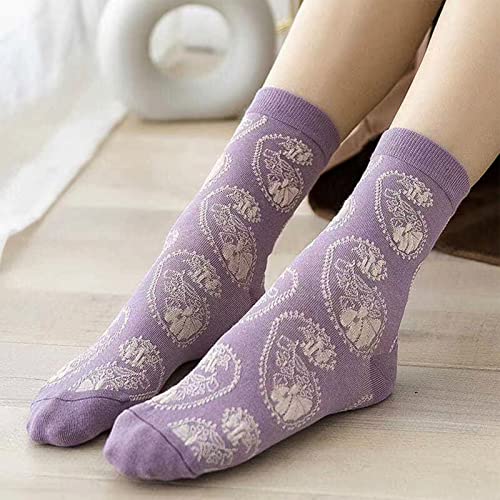 DXYAKY 5 Pairs Womens Floral Cotton Socks Vintage Patterned Crew Socks Novelty Ankle Ruffled Warm Casual Dress Socks - color: 5 Pairs - Purple