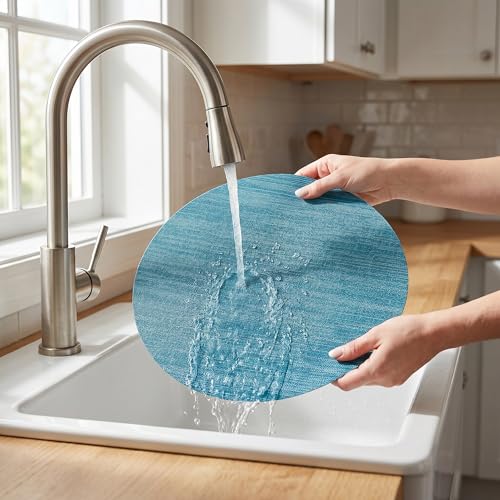 Round Imitation Bamboo PVC Placemats Set of 6,Countertop Protector - color: Blue