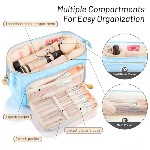 Easter Basket Gifts Soft Quilted Makeup Bag, Wide Opening Cosmetic Pouch Travel Toiletries Accessories Bag Trendy Makeup Purse for Women Teen Girls Holiday Gifts Birthday Gifts(Blue) - color: Blue