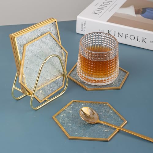 Glass Gold Coasters for Drinks with Holder, 6 Pcs Cup Coaster Set with Carved Glass Stylish for Coffee Tea Wine Coasters for Bar with Brass Edge Hexagon and Square Coasters Home Decor - color: Square and Hexagonal Coasters With Holder