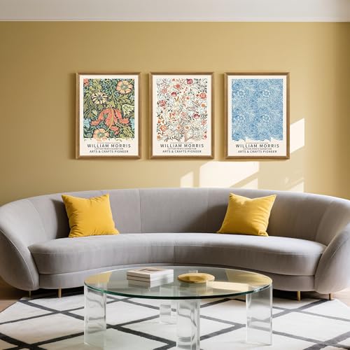 FWAHREN William Morris Framed Canvas Wall Art Set of 3, Cotton Prints Exhibition, Floral Pattern Pictures Artwork, Large Paintings Wall Decor for Living Room Bedroom Bathroom Office, 12x16in - color: William Morris Cotton Prints Exhibition, size: 16"L x 1