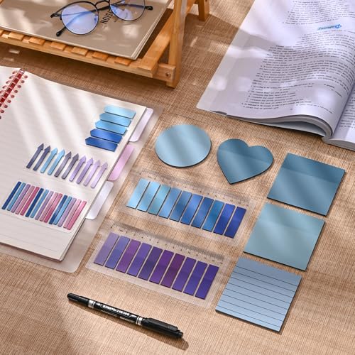 1450 Sheets Transparent Sticky Notes, 3 x 3 inch Aesthetic Clear Lined Sticky Notes with Pen, Gradient Color Waterproof Self-Adhesive Annotation Tabs for Bible Journaling (Blue & Purple) - color: Blue & Purple