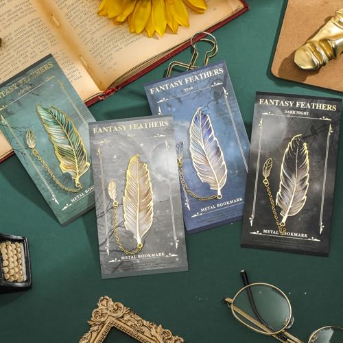 4 Pieces Metal Feather Bookmarks with Chain, Birthday Gifts Book Mark Bookmarks for Book Lovers Writers Readers Children Teens Men Women Adults Teacher - style: 4Pcs Feather