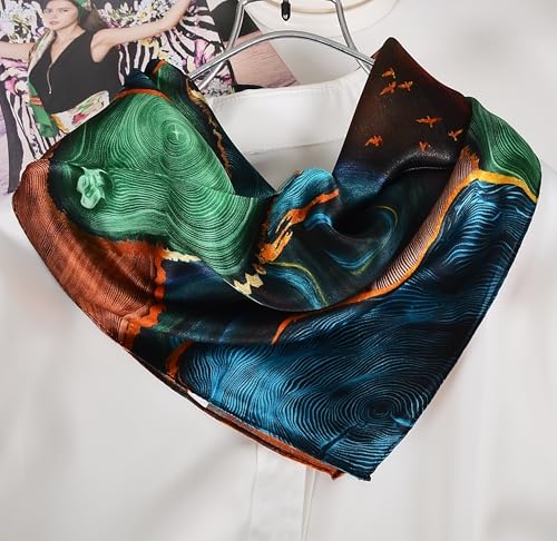 Women 100% Mulberry Silk Neck Scarf 21" Square Floral Neckerchief - color: Blue
