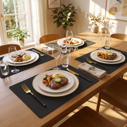 Romanstile Faux Leather Vinyl Placemats Set of 6, Black - color: Black
