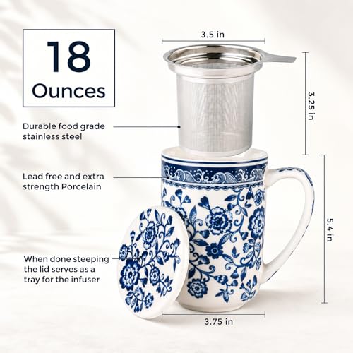 AmorArc Tea Cup With Infuser and Lid, 18oz Loose Leaf Tea Mug With Steeper - color: Peony