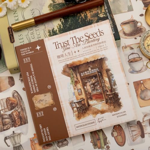 Coffee Themes Sticker Scrapbooking Supplies for Junk Journal, 50 Sheets Washi Stickers - Vintage Journaling Stickers, Ephemera Sticker Book Pre Cut(TZ-005-008) - color: Coffee Life