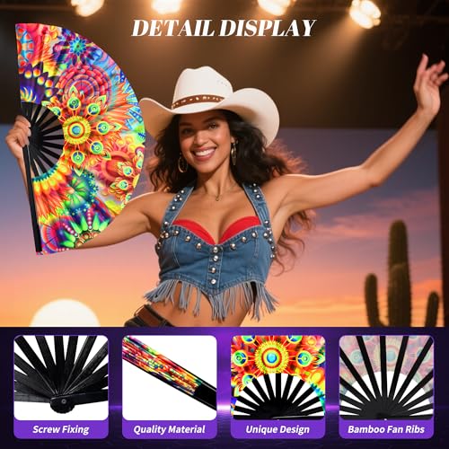 13 Inch Large Rave Fan & Clack Fan for Line Dancing - Folding Hand Fan with UV Glow for Boots on The Ground, Performance, Wedding, Party - Portable Handheld Fan for Women & Men - color: Peacock Feathers*1