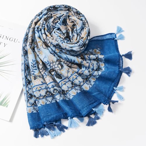 QIUTIMIY Scarf for Women Lightweight Soft Floral Leopard Printed Scarves Fall Winter Fashion Shawl Wrap with Fringe - color: Flower-lake Blue