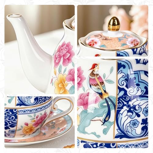KAMMAK Tea for One Set, Ceramic Teapot, Bone China Tea Set, Cup and Saucer - color: Blue-GH11