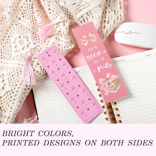 12 Pack Pink Bow Bookmarks, Paper Bookmark with Tassels, Book Lovers Gifts