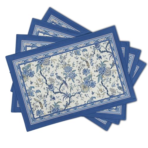 Giwawa 4PCs Chinoiserie Placemats Blue White Floral Birds Decorative Linen Table Mat 12"x18" Oriental Style Classic Flowers Heat Resistant Washable Place Mats for Kitchen Dining Party - color: Chinoiserie Bird