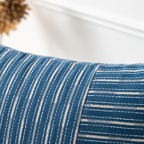 Kevin Textile Dark Blue and Beige Farmhouse Striped Patchwork Linen Decorative Throw Pillows Covers 18x18, Set of 2, Modern Accent Square Cushion Covers for Couch Chair Bedroom Fall Decorations - color: Dark Blue, size: 18" x 18" (Pack of 2)