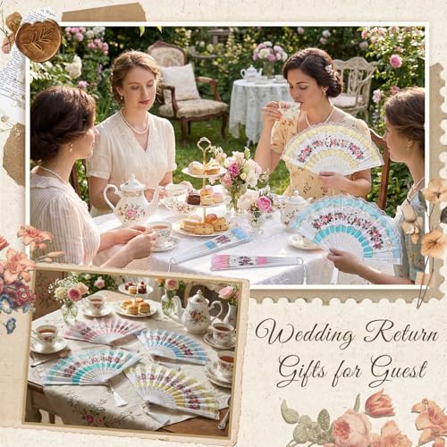 Ecally 12 Pcs Tea Party Favor Floral Folding Hand Fans Gift for Women, Vintage Lace Flower Hand Fans Bulk for Bridal Shower, Wedding, Birthday, Baby Shower, Garden Party Decorations (4 Colors) - color: 4 Colors, size: Tea Flower