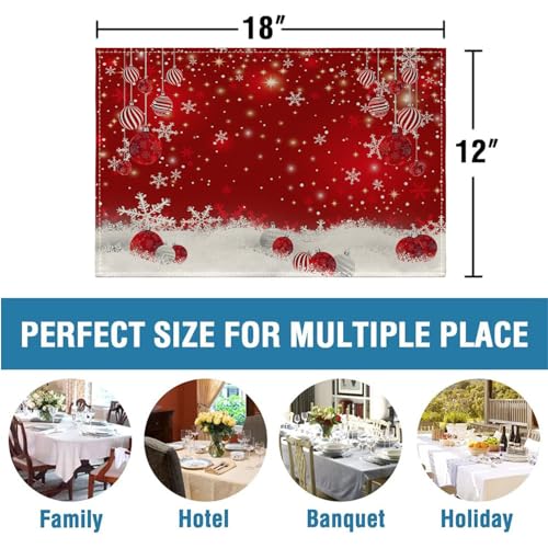 Ansouyi Placemats Set of 6, Red Snowflakes Christmas Balls Washable Heat Resistant Linen Table Mats, Kitchen Decor Non-Slip Place Mats for Party Dining, 12x18 Inch - color: Christmas Balls
