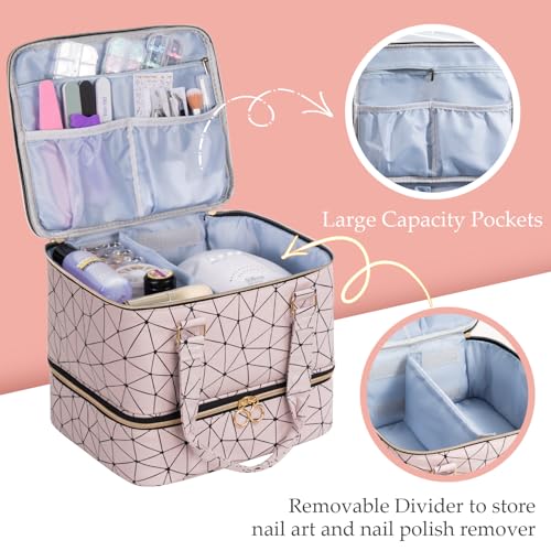 Uross Nail Polish Organizer Bag Holds 42 Bottles Nail Polish & Nail Lamp, Gel Nail Polish Organizers and Storage box for Nail Tech, Nail Kit Supplies Organizer Case - Lightpink - color: Lightpink, size: Large - 11 x 9.5 x 9.5 inch (42 bottles)