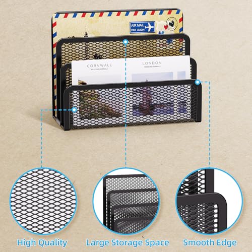 Marbrasse Mail Organizer for Desk, 3-Slot Mesh Metal Mail Holder countertop, Letter Holder, Office Desktop Envelope and Document Storage Rack (Black) - color: Black