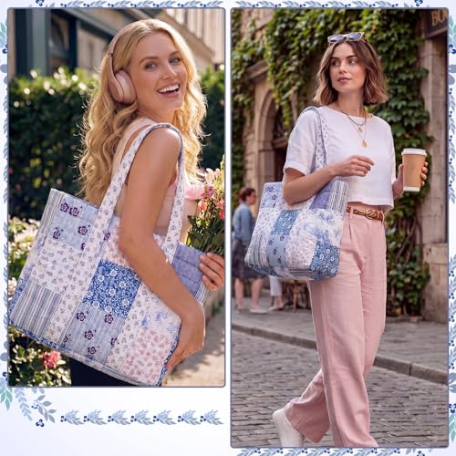 Aliceset Quilted Patchwork Tote Bag for Women Cotton Shoulder Bag Back to School Gift Farmhome Rustic Handbag Commuting Beach - style: Blue Floral