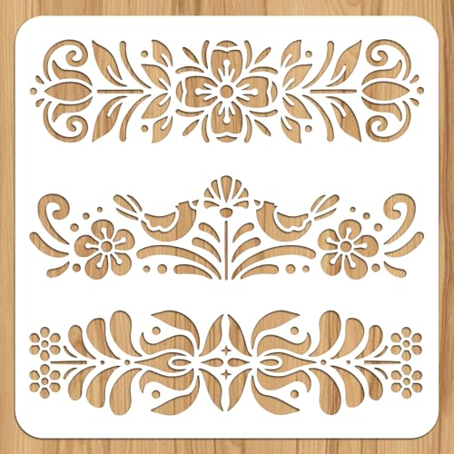 12" Scandinavian Stencils Fabric Stencil Paint Fork Art Floral Stencil Plastic Forkart Stencils for Painting Wall Furniture Canvas Fabric Floral Pattern, 12x12inch, Reusable