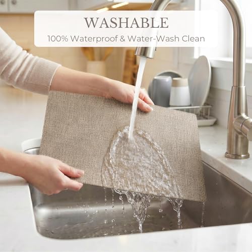 Romanstile Vinyl Placemats Set of 6-12 X 18 Inch - Heat Resistant Place Mats 100% Waterproof Oilproof Wipeable Reversible Faux Leather Table Mats for Kitchen/Dining/Party/Outdoor, Khaki - color: Khaki