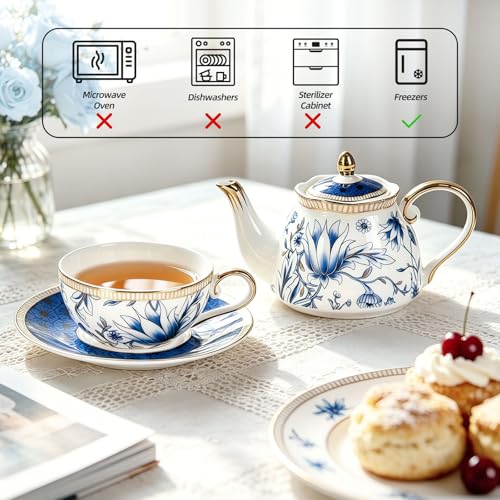 KAMMAK Tea for One Set, Ceramic Teapot, Bone China Tea Set, Cup and Saucer - color: Blue-GH7