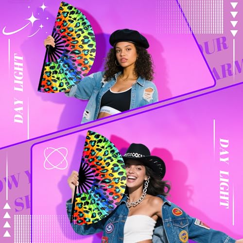 13 Inch Large Rave Fan & Clack Fan for Line Dancing - Folding Hand Fan with UV Glow for Boots on The Ground, Performance, Wedding, Party - Portable Handheld Fan for Women & Men - color: Leopard Print*1