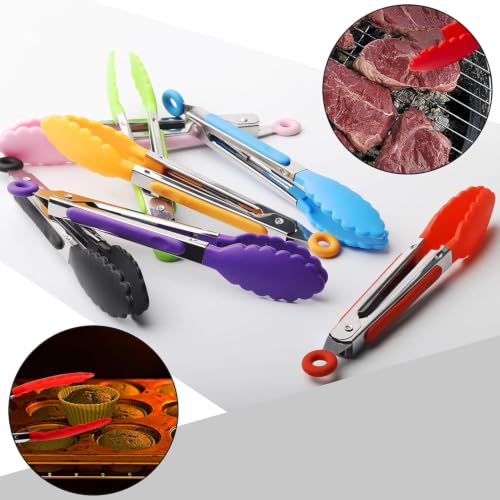 7 Pack Kitchen Tongs Set 7-Inch Color Mini Small Food Tongs with Stainless Steel Silicon Handles and Nylon Tips Heat Resistant Tongs for Cooking, Serving, BBQ, Grilling, Salad and More