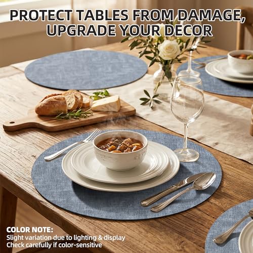 Placemats Set of 6, 15 Inch Round Faux Leather Place Mats - color: R-blue
