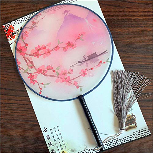 Seres Classic Round Fan,Wood Fan Rib&Semi-Transparent Silk Cloth,10+ Optional Patterns,Diameter 8.3in,团扇 (14.Boat Under Flowers) - color: 14.boat Under Flowers