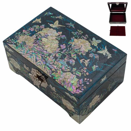 February Mountain Mother of Pearl Jewelry Organizer Box with Ring Tray - Gifts for Women Unique gift for women who have everything - color: Blue