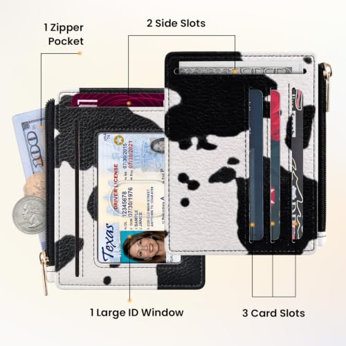 Sodsay Card Case Slim Front Pocket Wallet for Women Credit Card Holder with Keychain | Slim, Credit Card Holder, Front Pocket, with Keychain - color: Cow Black