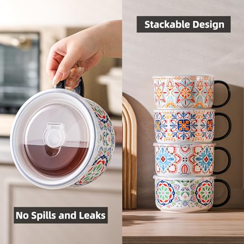 Jumbo Ceramic Soup Bowl with Lid, Microwave Safe - Pattern A - color: Pattern A, size: Set of 1