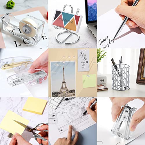 Office Desk Accessories, Acrylic Stapler, Staple Remover, Tape Holder, Pen Holder, Ballpoint Pen, Scissor, Binder Clips, 1000pcs Staples, Phone Holder, Ruler, Transparent Glue and 300 Notes - color: Silver