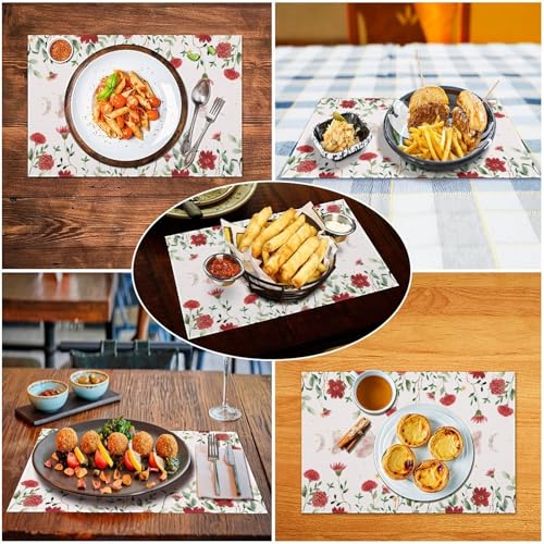 Boho Floral Placemats Set of 4, 12x18 Inch Witchy Moon Tarot Phase Gothic Red Wild Flower Bohemia Mystical Holiday Farmhouse Coffee Table Mats for Party Kitchen Dining Decoration - color: Pm-floral Moon02, size: 4pcs