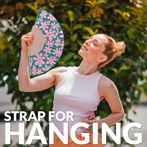 Fisura - Original Folding Fan with Flowers Print. Wooden Handheld Fan for Women. Pink and Green Design for Raves, Festivals, weedings. Hanger Included. Size: 16.7 x 9 inches - color: Flowers, Green and Pink