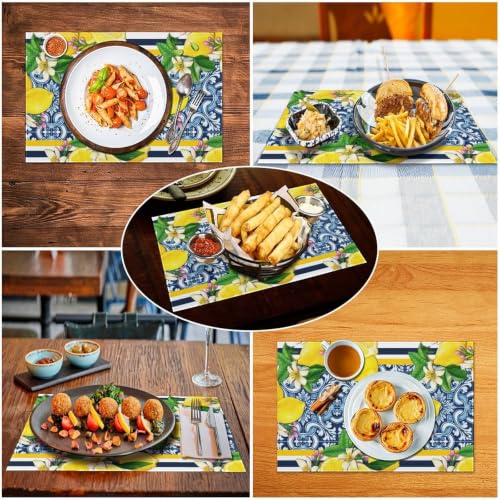 Summer Lemon Placemats Set of 4, 12x18 Inch Yellow and Blue Mediterranean Summer Fruit Italian Tiles Seasonal Heat Resistant Table Mats for Dining Kitchen Birthday Party Holiday Decor - color: Lemon04, size: 4pcs