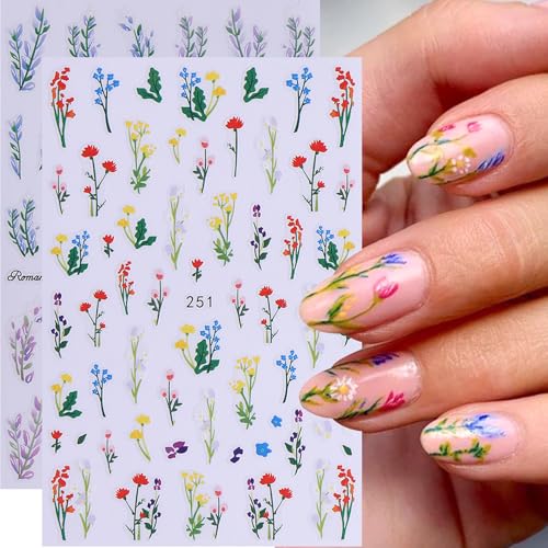 3D Flower Leaf Nail Stickers 12 Sheets Self-Adhesive Floral Decals for Nail Art Summer Wildflowers Blossom Leaves Design Manicure Decorations DIY Plants Sliders Nail Art Accessories for Women - style: Wildflowers
