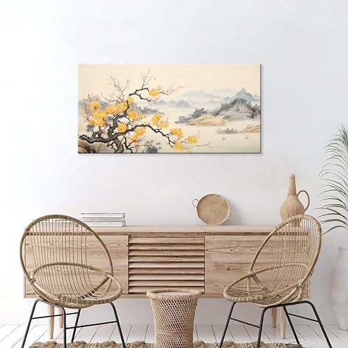 NAN Wind Asian Wall Art Traditional Chinese Painting Oriental Yellow Plum Blossom Canvas Pictures for Wall Decor Home decor for Living Room Cherry Blossom Decor Landscape Artwork Framed Ready to Hang - color: Yellow Blossom-One Piece, size: 16"L x 8"W