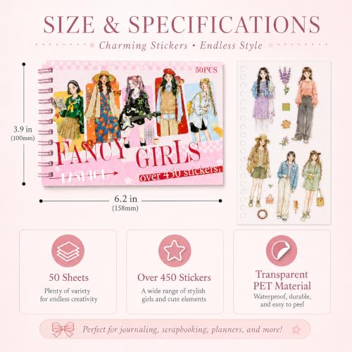 Women Character Sticker Book for Journaling, 50 Sheets PET Stickers - color: 50 Sheets Girls Sticker Book