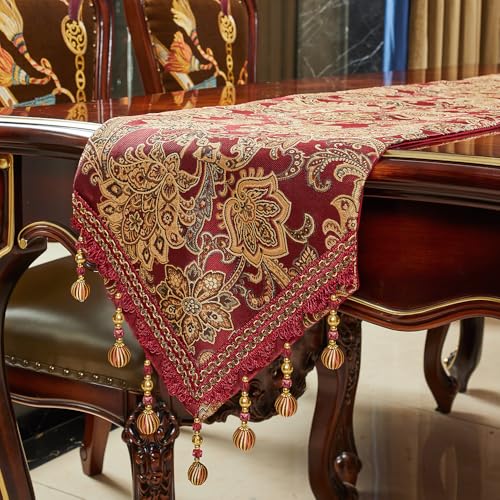 Luxury Vintage Table Runners 72 inches Long Embroidery Jacquard Fabric with Multi-Tassels Table Runners for Dining Room Dresser Wedding Christmas Thanksgiving Party Decorations (Red, 12X72inch) - color: Red, size: 12X72inch