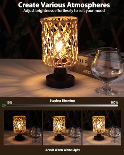 Cordless Outdoor Table Lamps, Small Rattan Boho, Rechargeable Battery Operated for Outdoor Patio, Home, Living Room, Bedroom, Bedside - Set of 2 (Beige-A) - color: Beige-A