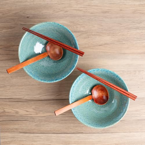 40oz Japanese Ceramic Ramen Bowl Set of 2 with Chopsticks and Spoons for Pho Udon Asian Soup Noodles (Turquoise) - color: Turquoise