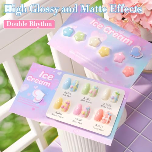 Double Rhythm 6 Pcs 15 ML Gel Polish Set Same Color Same Bottle Soak Off Gel Polish Kit Nail Art Manicure Salon DIY at Home for Women (Blue Green Beige Yellow Pink Orange-T6-9) - color: Ice Cream