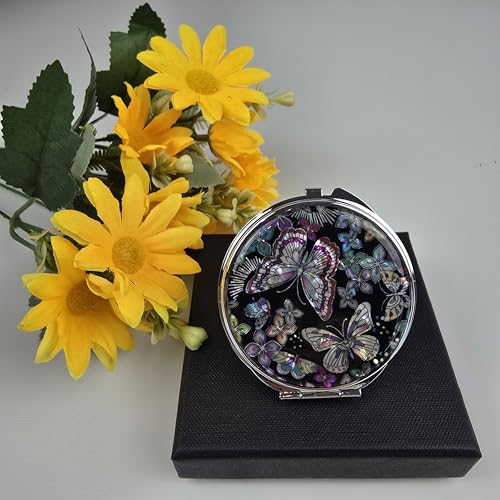 Mother of Pearl Compact Mirror, Vintage Shell Butterfly Pocket Mirror