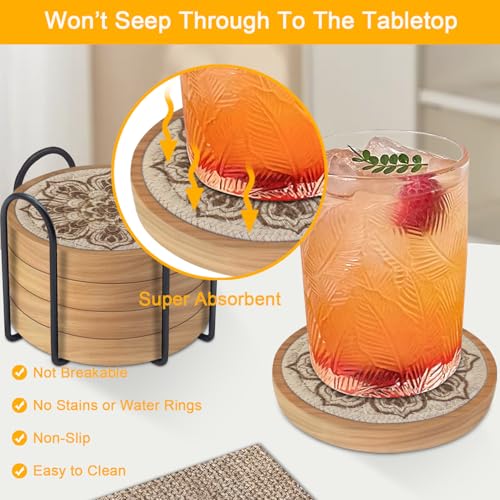 Wood Coasters for Drinks, Eykao Absorbent Coaster Sets of 5, Woven Drink Coasters for Coffee Table, Housewarming Gift for Farmhouse Home Decor,4 inches - color: Dark Brown (With Holder)