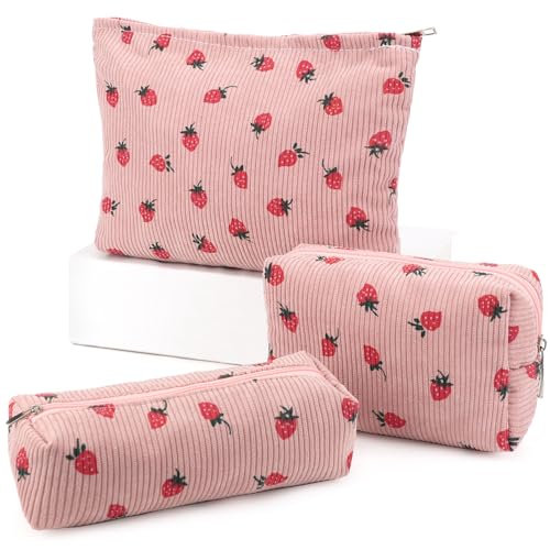 EIMMBD Makeup Bag 3 Pieces Large Capacity Cosmetic Bags Travel Toiletry Bag Organizer Cute Makeup Pouch Storage for Women(Pink Strawberry) - color: Pink Strawberry